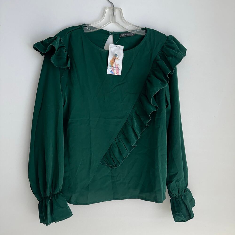 Pretty Garden women’s medium emerald green ruffle blouse